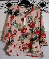 Chico's Women's Top Size 2 Pink Floral 3/4 Sleeve Round Neck