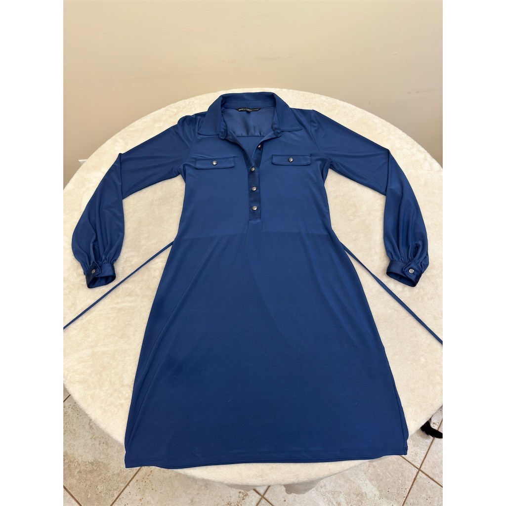White House Black Market Blue Shirt Dress Womens S Long Sleeve Snap Tie