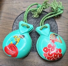 Vintage Pair Spanish Castanets Mint Green Hand Painted Plastic Resin