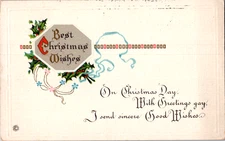 Vintage Postcard Best Christmas Wishes Holly Ribbon Design