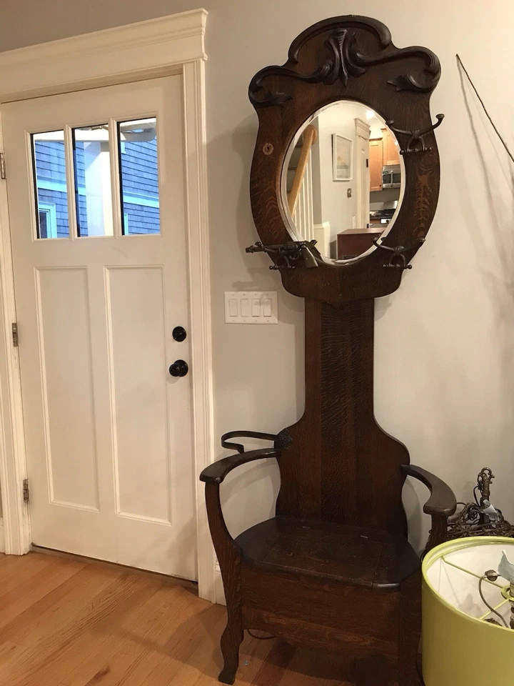 古董橡木厅座椅架带树伞设计 1900 年代 — 第 4/4 张图片