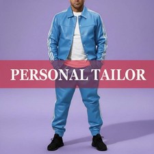 Men's Real Genuine Lambskin Leather TrackSuit Sweatsuit Sky Blue/White Stripes