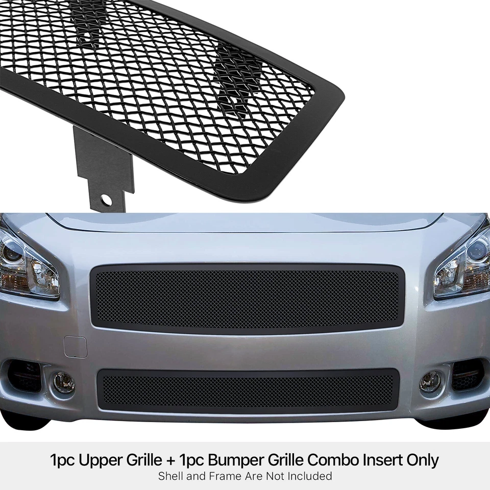 Fits 2009-2014 Nissan Maxima Stainless Steel Black Mesh Grille Insert Combo - Image 3 of 3