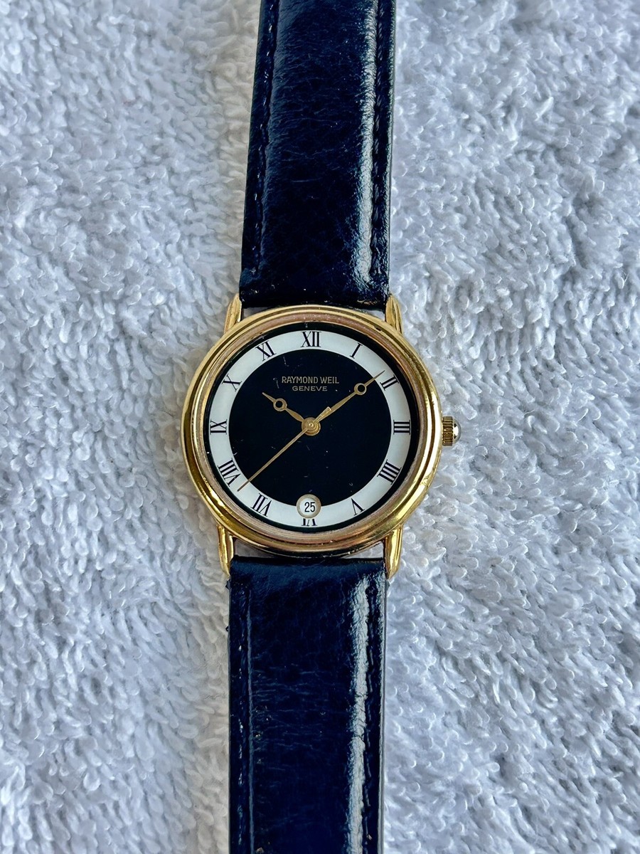 1980's Raymond Weil 5532 Black White 18k Gold and Steel Quartz Swiss Watch