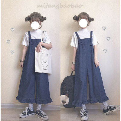 Japanese Women Mori Girl Retro Loose Ruffled Jeans Denim Overalls Wide Leg Pants