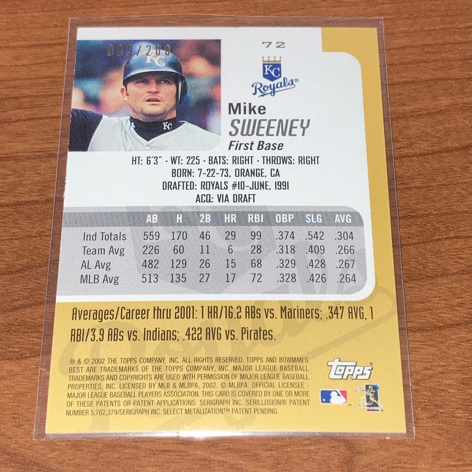 2002 Bowman's Best Red SP Serial #/200 Mike Sweeney #72 MINT - Image 3 of 4