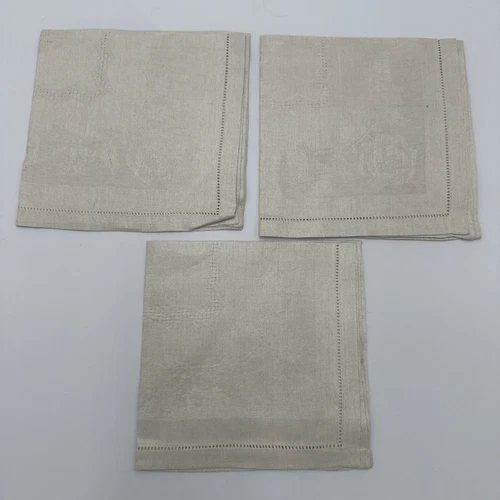 Set of 3 Vintage Heavy Ivory Damask Linen Napkins Czechoslovakia? 13"x13" Rose