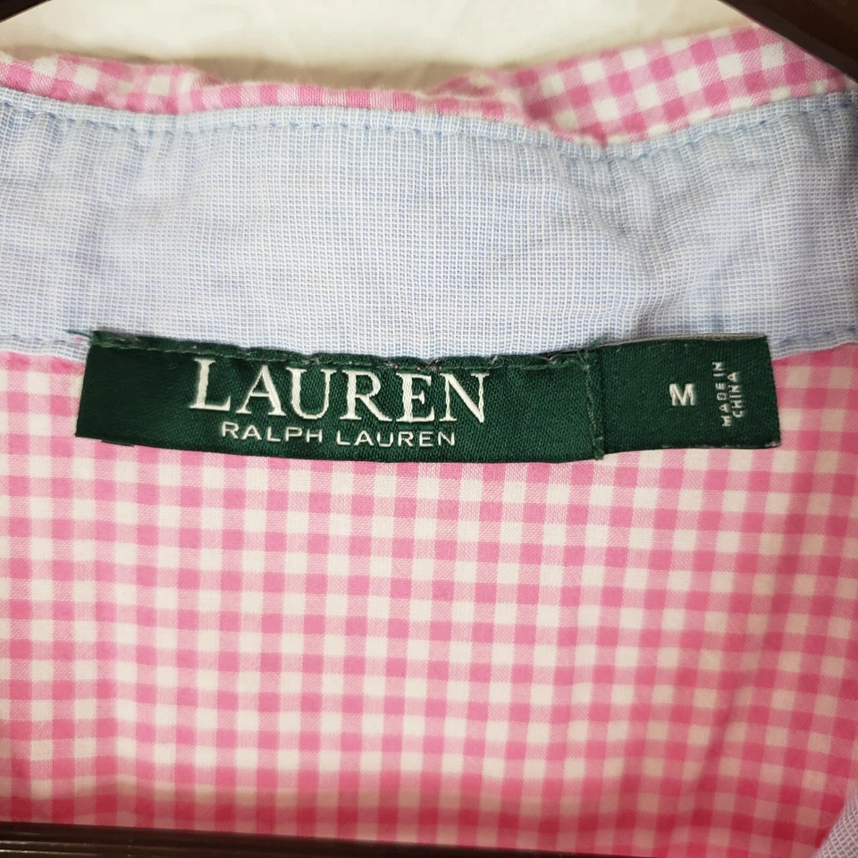Blusa de pijama Lauren Ralph Lauren feminina média rosa xadrez branco monograma - Imagem 2 de 4