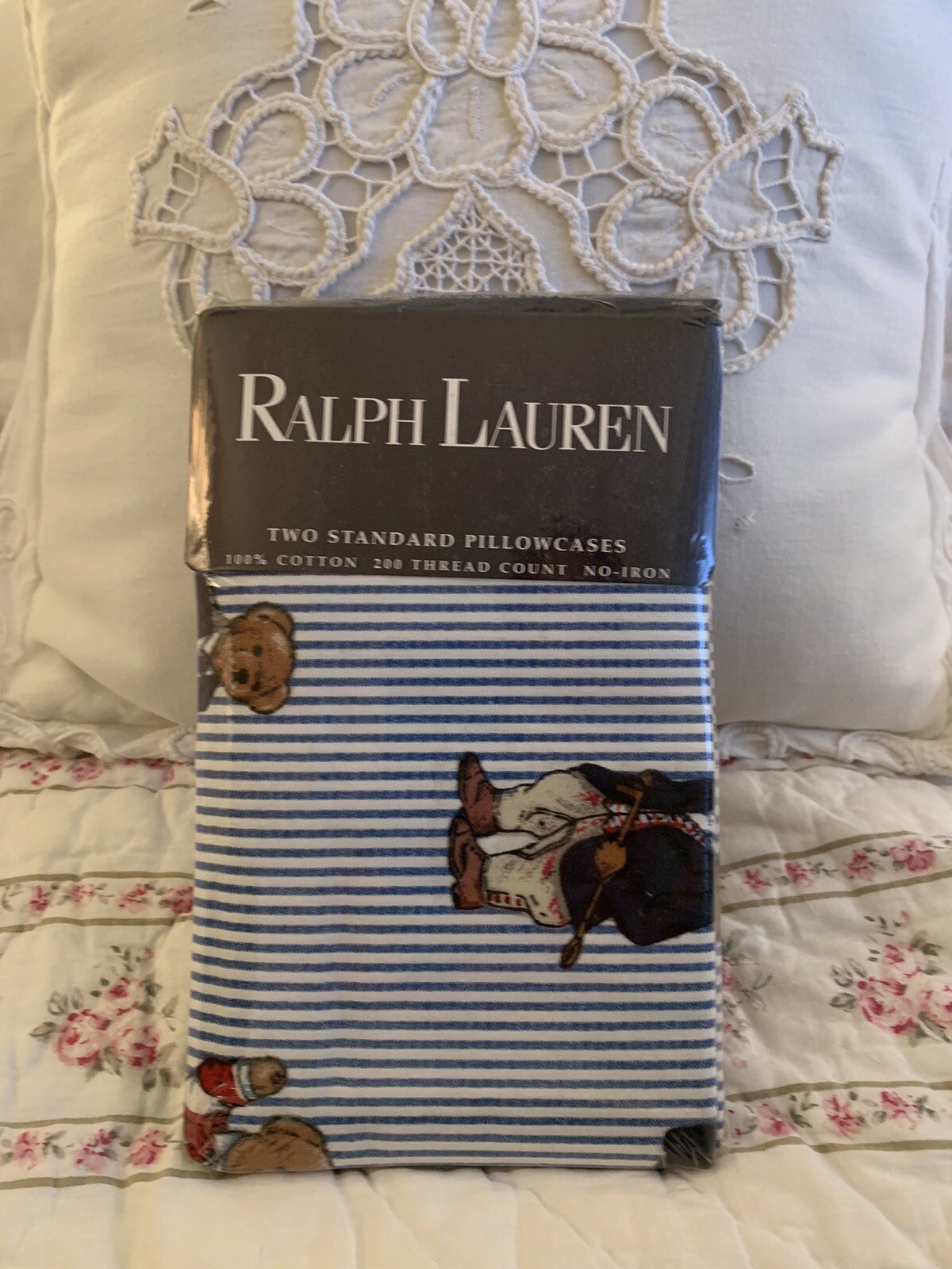 Polo Ralph Lauren Pillowcase Set of 2 Pin Stripe Teddy Bear RL Pair