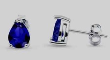 Lab Created Sapphire Solitaire Stud Earring 14K White Gold Plated 2Ct Pear Cut