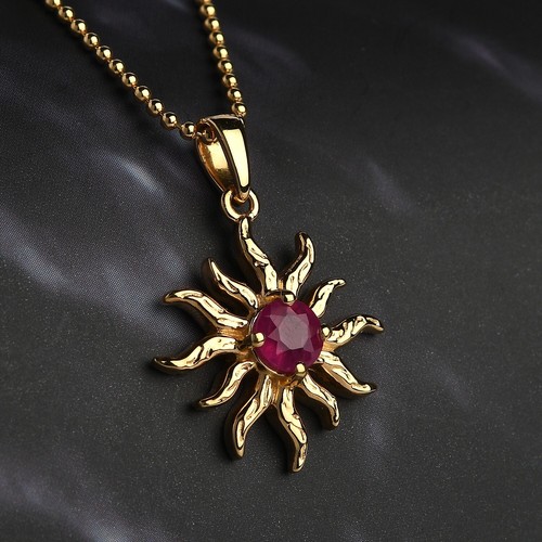 Glorious Ruby Sun Pendant Necklace 18K Gold Plated in 925 Sterling Silver - Picture 1 of 9