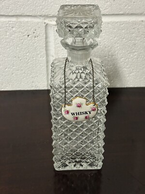 Vintage Karaffe aus geschliffenem Glas mit Adderley Porzellan Whisky Etikett