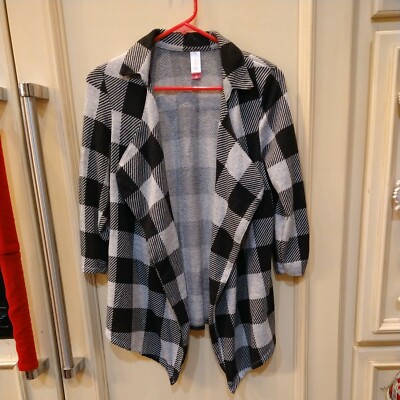 No Boundary Lt Weight Open Front Cardigan Black & Gray Check Jr Sz M (7-9) EUC