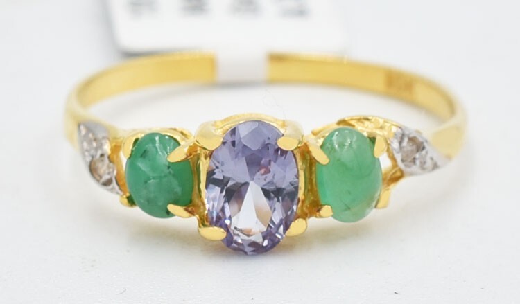 LAB CREATED 0.70 Cts ALEXANDRITE, EMERALD & DIAMOND RING 10K YELLOW GOLD - NWT