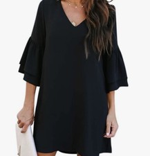NEW-Belongsci Sweet And Cute V-Neck Bell Sleeve Shift Dress Size S- BLACK