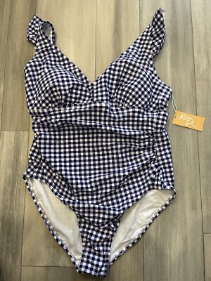 New! Kona Sol 14W Blue White Gingham Plaid One Piece