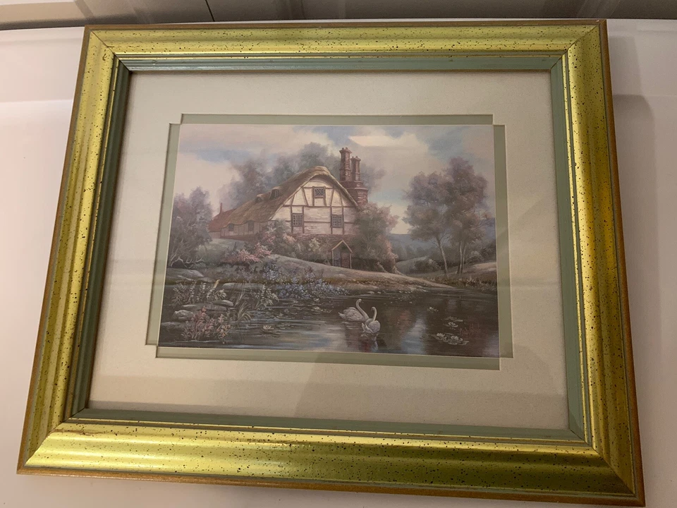 Carl Valente Print English Cottage Swans Double Matted Framed Signed 12 X 10 - Image 2 of 4