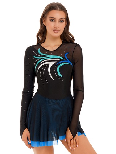Womens Shiny Long Sleeve Leotard Dress Figure Ice Skating Ballet Dance Dress - Picture 9 of 52