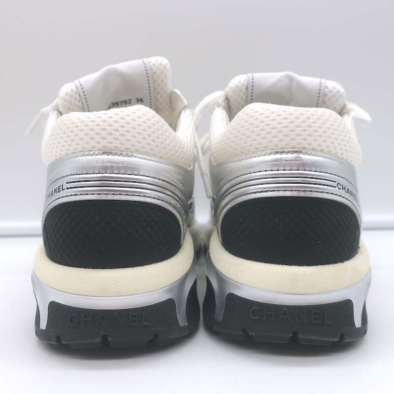 Chanel CC Runner Sneakers Silver Leather & White Mesh Size Chanel CC Runner Sneakers Silver Leather & White Mesh Size