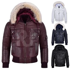 Men Bombers Leather Jacket Pilot 6 Real Lambskin Leather Fur Hooded Jacket