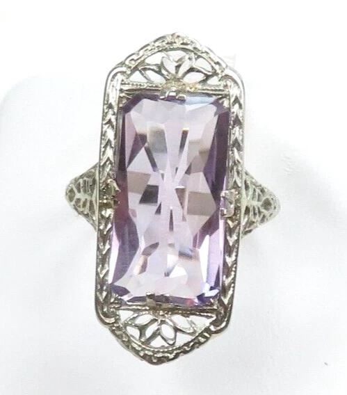 Antiguo anillo de filigrana de oro blanco de 13 quilates amatista de 1920 talla 6 UK-L1/2 5,64 CT decorativo Foto 3 de 4
