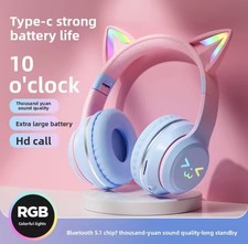 Bluetooth Cat Ear Headphones RGB Light Wireless Headset Blue  Punk