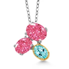 925 Silver and 10K Yellow Gold Fancy Pink Zirconia and Blue Apatite Pendant