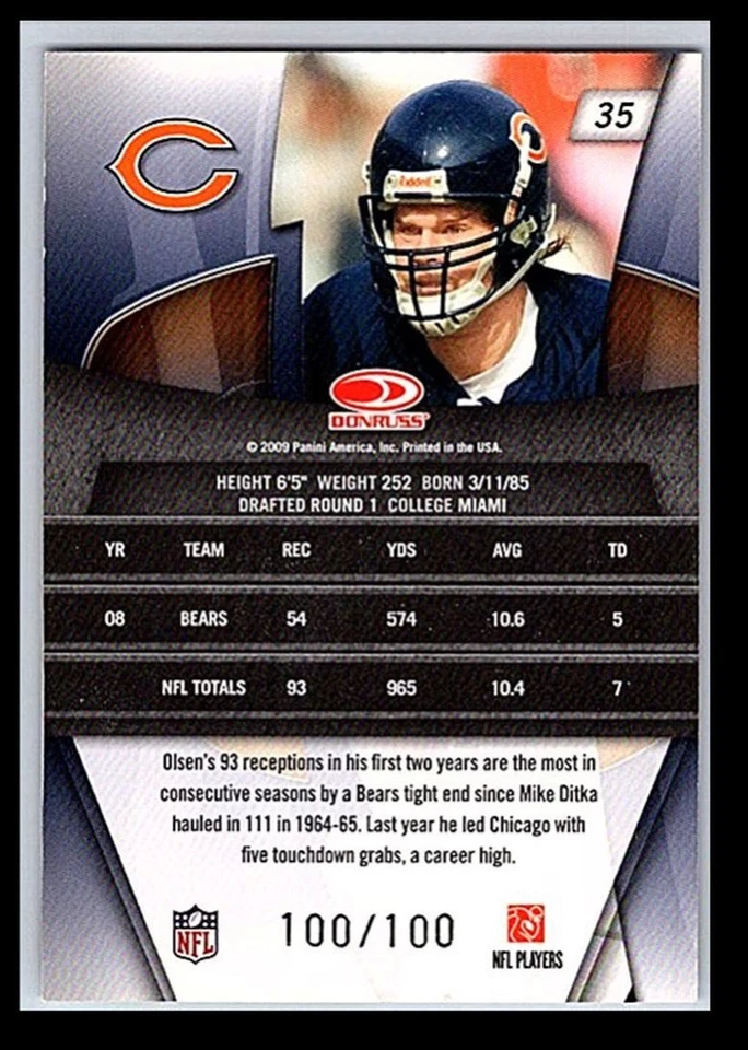 2009 Donruss Gridiron Gear Gold Xs  Greg Olsen 35 100/100 - Image 2 of 2