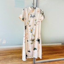 Beige Green Lotus Qipao A Line Dress - Chinese Cheongsam
