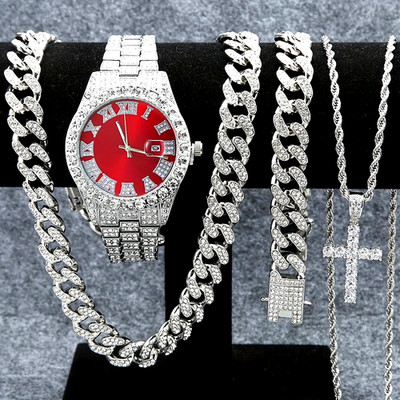4pc Luxury Shiny Rhinestone Men Watch Classic Quartz Watch Se Red Silvery