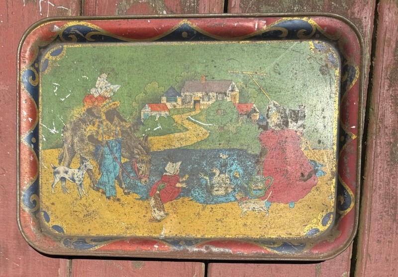 Art Plate Advertising FAMILY FARM SCENE with KIDS FEEDING DUCKS