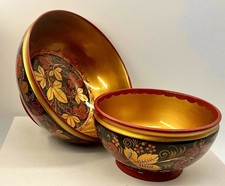 2 Khokhloma Serving Bowls Wood Red Gold Russian 