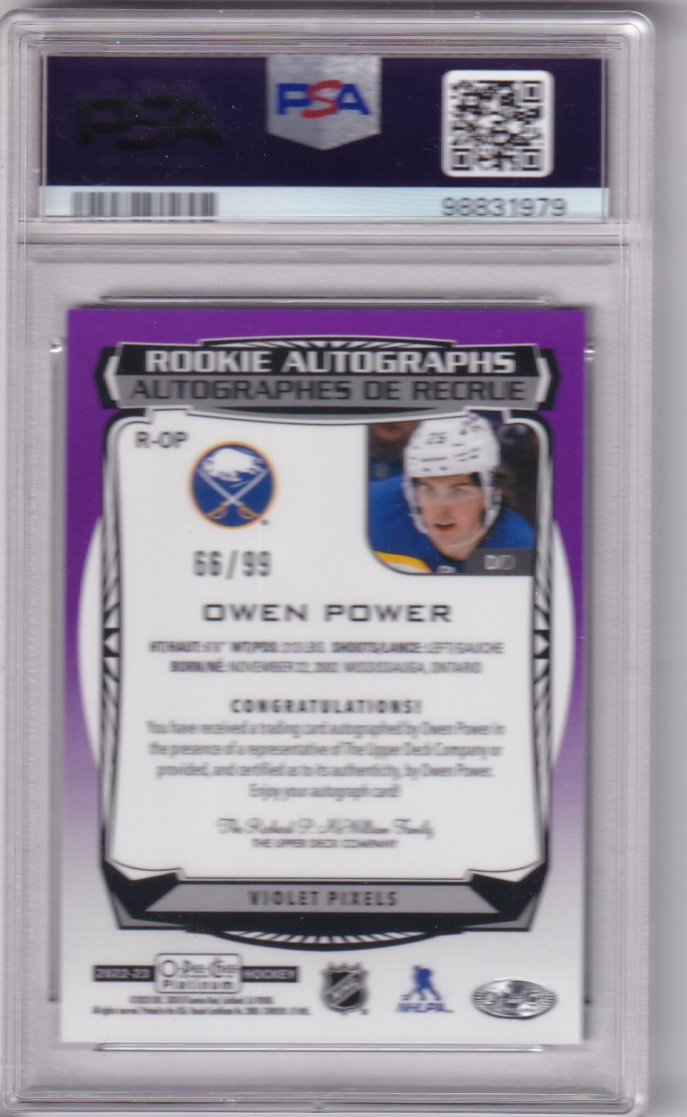 2022-23 OPC Platinum Hockey Owen Power Rookie Auto Violet Pixels #66/99 PSA 10 view 2