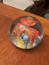 Vintage Wheaton Village NJ Red Flowers Controlled Bubble Paperweight Stamped