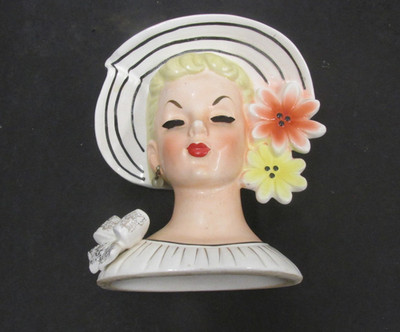 VINTAGE RELPO K 860 5 3/4 INCH LADY  head vase BLONDE HAT AND FLOWERS BOW