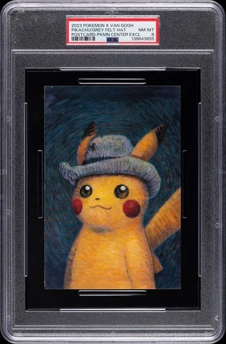 2023 POKEMON X VAN GOGH POSTCARD PIKACHU WITH GREY FELT HAT PSA 8