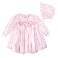 NWT Petit Ami Pink Smocked Heart 3PC Dress Newborn Baby Girls Bonnet NB size 0