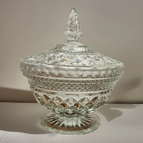 VTG ANCHOR HOCKING CRYSTAL GLASS LARGE WEXFORD COVERED CANDY DISH / COMPOTE BOWL