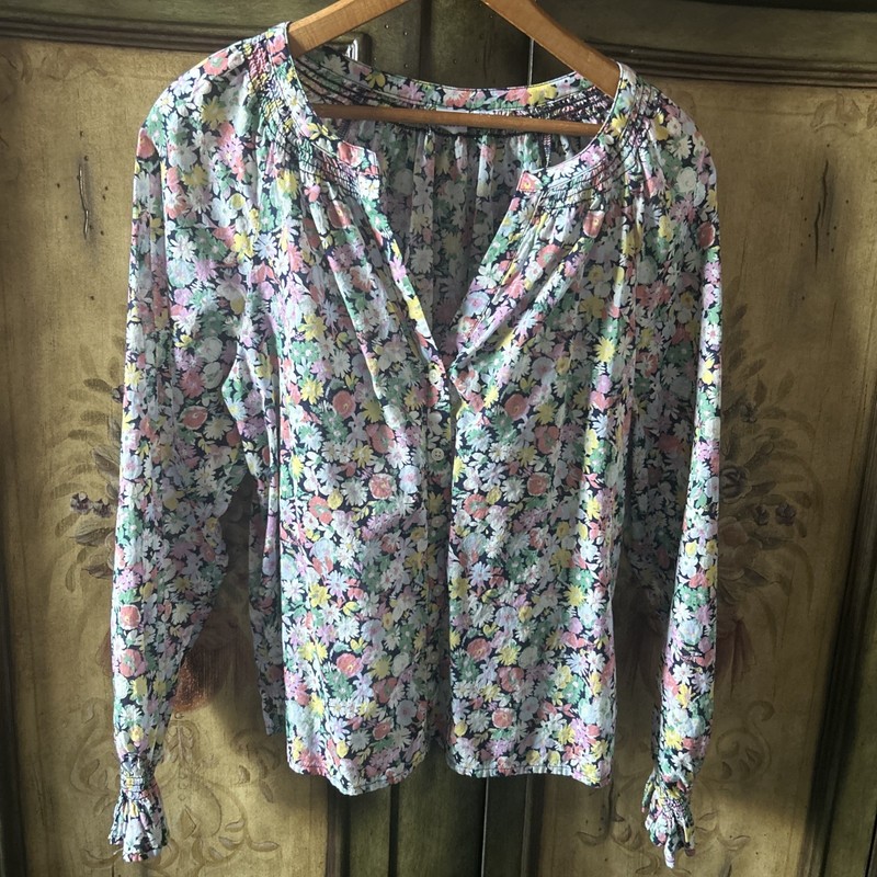 Women's Gap Floral Long Sleeve Button Down V-Neck Multi-Color Cotton Shirt S