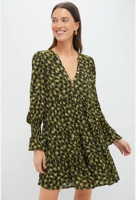 Pomander Place Green Black Tiered Ruffle Long Sleeve Dress Size S Hoodie Party