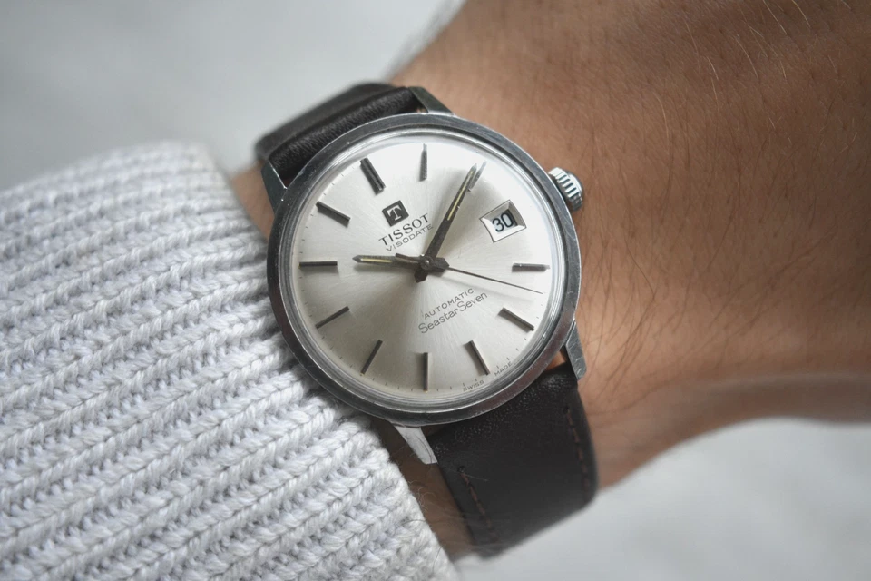 1960s Vintage Tissot Seastar Seven Visodate Automatic Silver Dial Leather Watch - image 3 of 4