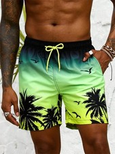 Summer Vacation Men's Palm Tree Print Drawstring Waist Board Shorts Fashion Swim