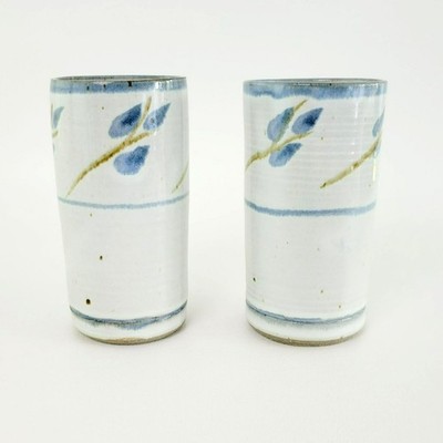 Handcrafted Ceramic 16fl. oz. Tumbler Set of 2, Artist Signed Gray Blue Leaves