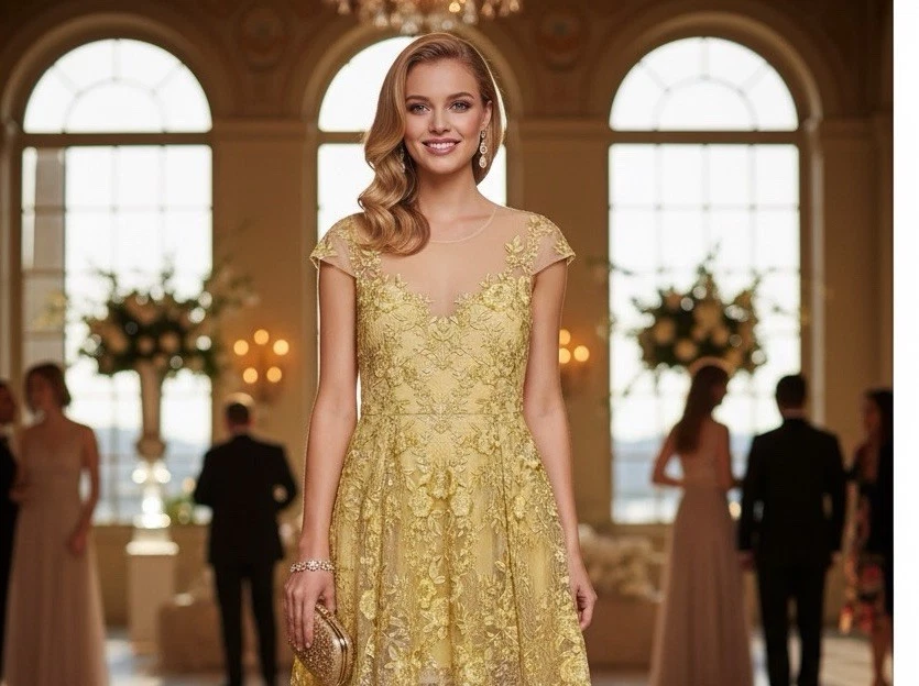 Vestido formal de boda Marchesa Notte amarillo de encaje talla 12 alto-bajo para mujer Foto 2 de 4