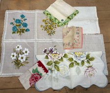 VTG-Antique Handkerchief Scarf Lot Of 7 Linen Cotton Silk Scalloped Floral READ