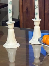 WEDGWOOD Etruria Barlaston Embossed Queens Ware White Candlestick Holders Set