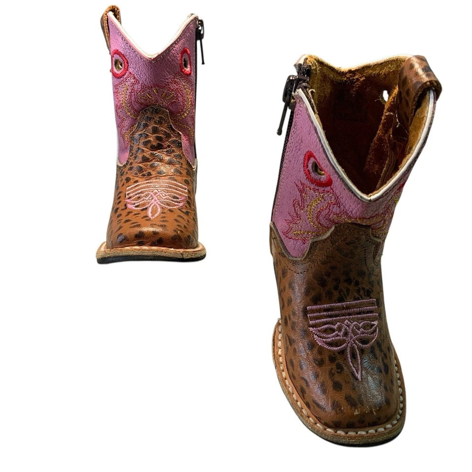 Botas Vaqueras Bebé Cuero Repujado Guepardo Bordadas Rosa Marrón Talla 4C Foto 2 de 4