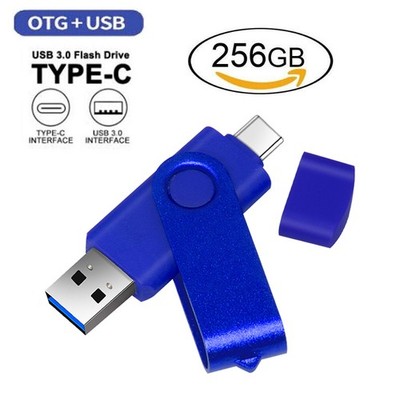 256GB Blue Type C Flash Drive 2 in 1 OTG USB 3.0+USB C Memory Stick Thumb Drive