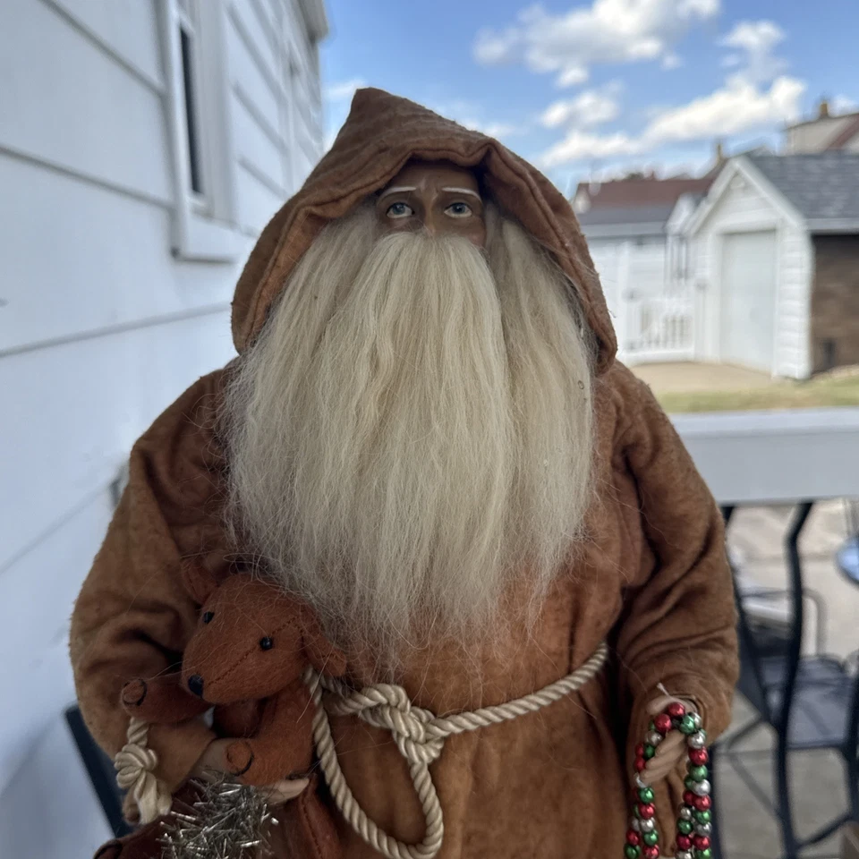Primitive Ragon House Santa Claus 20” Brown Coat Sculpted Face Gifts, Bear NWT - Image 2 of 4