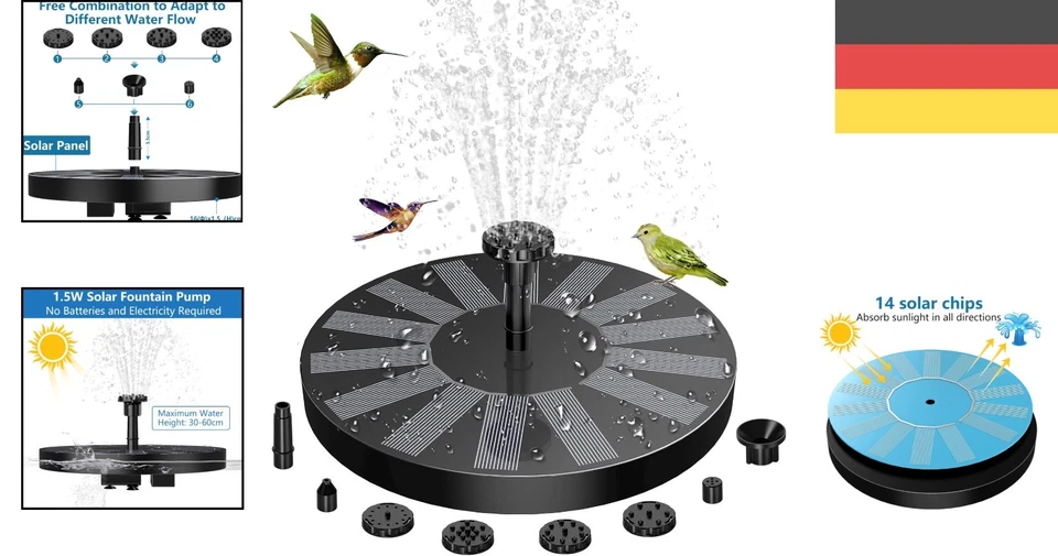 Solarbrunnen, Gartenteichpumpe, Wasserfontäne, Vogelbad, Teich, Solar, 1.5W - Bild 2 von 4